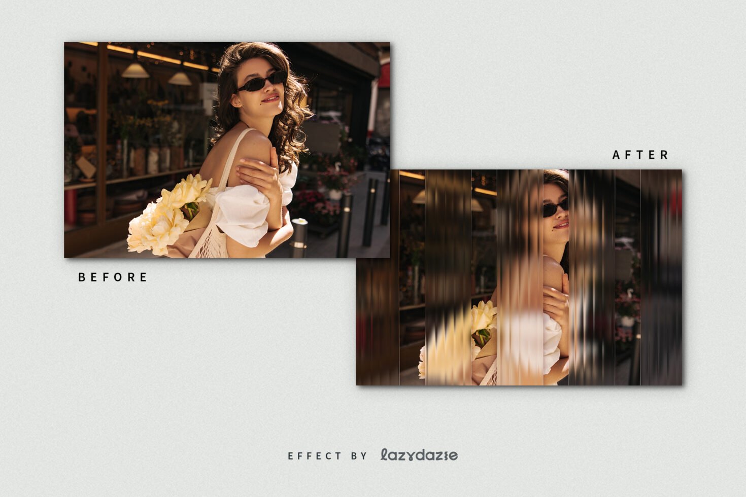 Before and after image effect showing a woman holding flowers in a sunny outdoor setting with motion blur for digital design. Perfect for mockups.