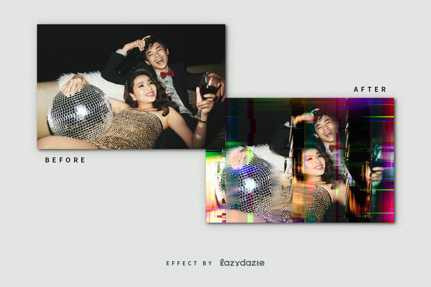 Party photo showing before and after effects, featuring a couple with a disco ball and wine. Ideal for designers seeking photo editing inspiration.