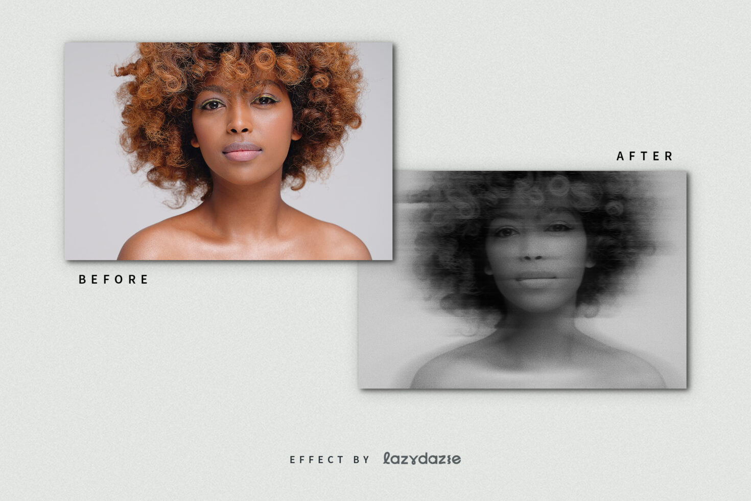 Before and after image showing a photo effect transformation with a portrait of a woman. Perfect for designers seeking creative digital assets.