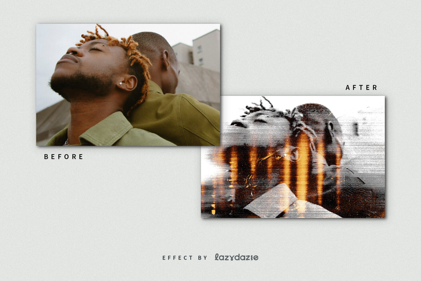 Before and after photo effect showcasing artistic transformation in graphics design. Perfect for designers seeking creative templates or mockups.