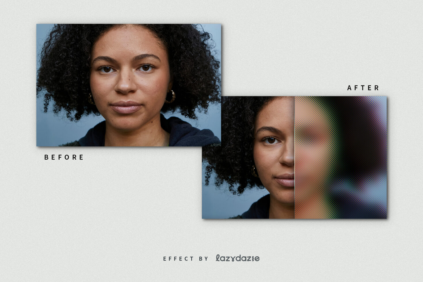 Before and after mockup featuring creative photo effects for designers. Ideal for showcasing graphic design, digital manipulation, photo editing techniques.