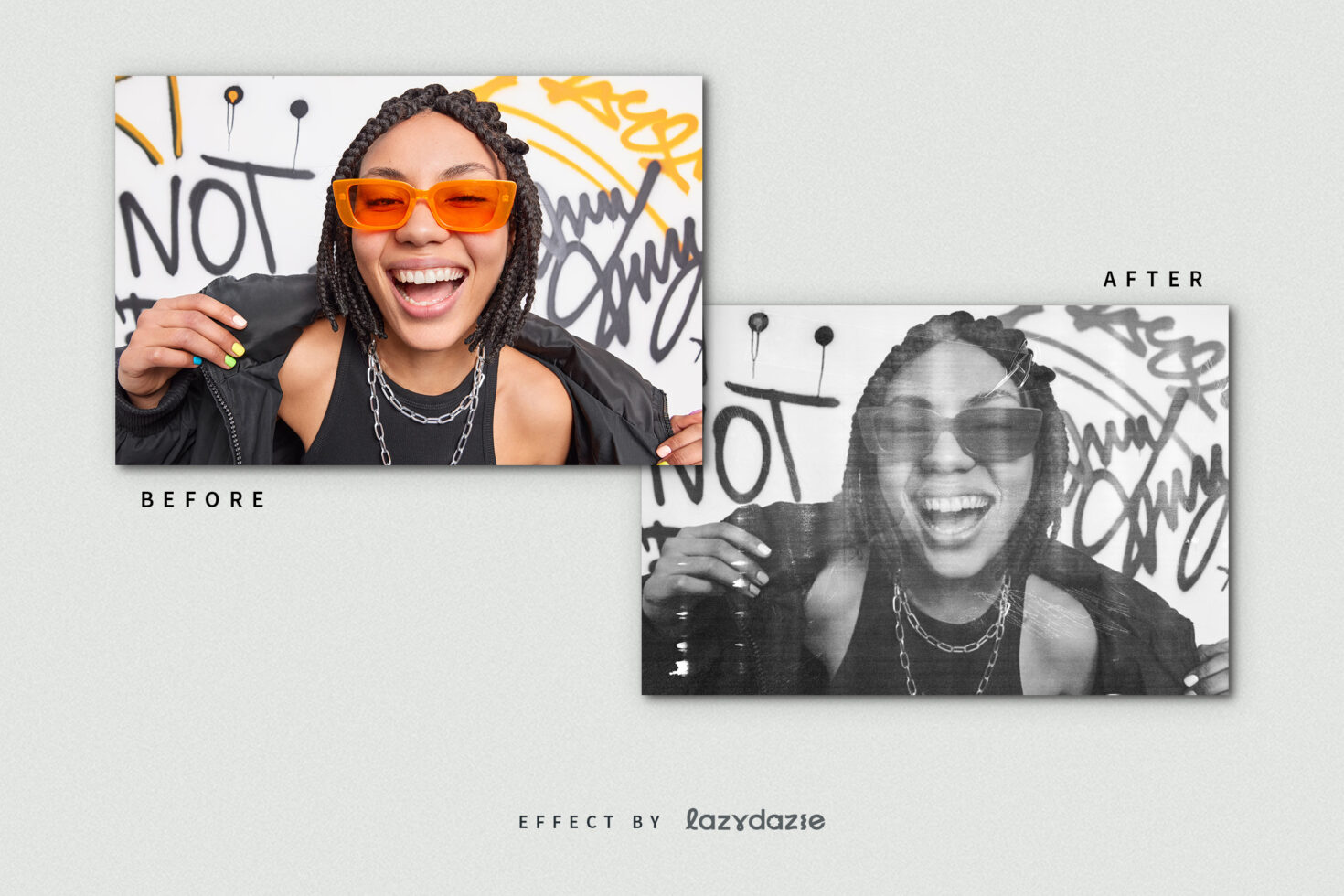 Modern photo mockup showing before and after effects. Colorful to monochrome transformation. Ideal for designers seeking unique visual assets.