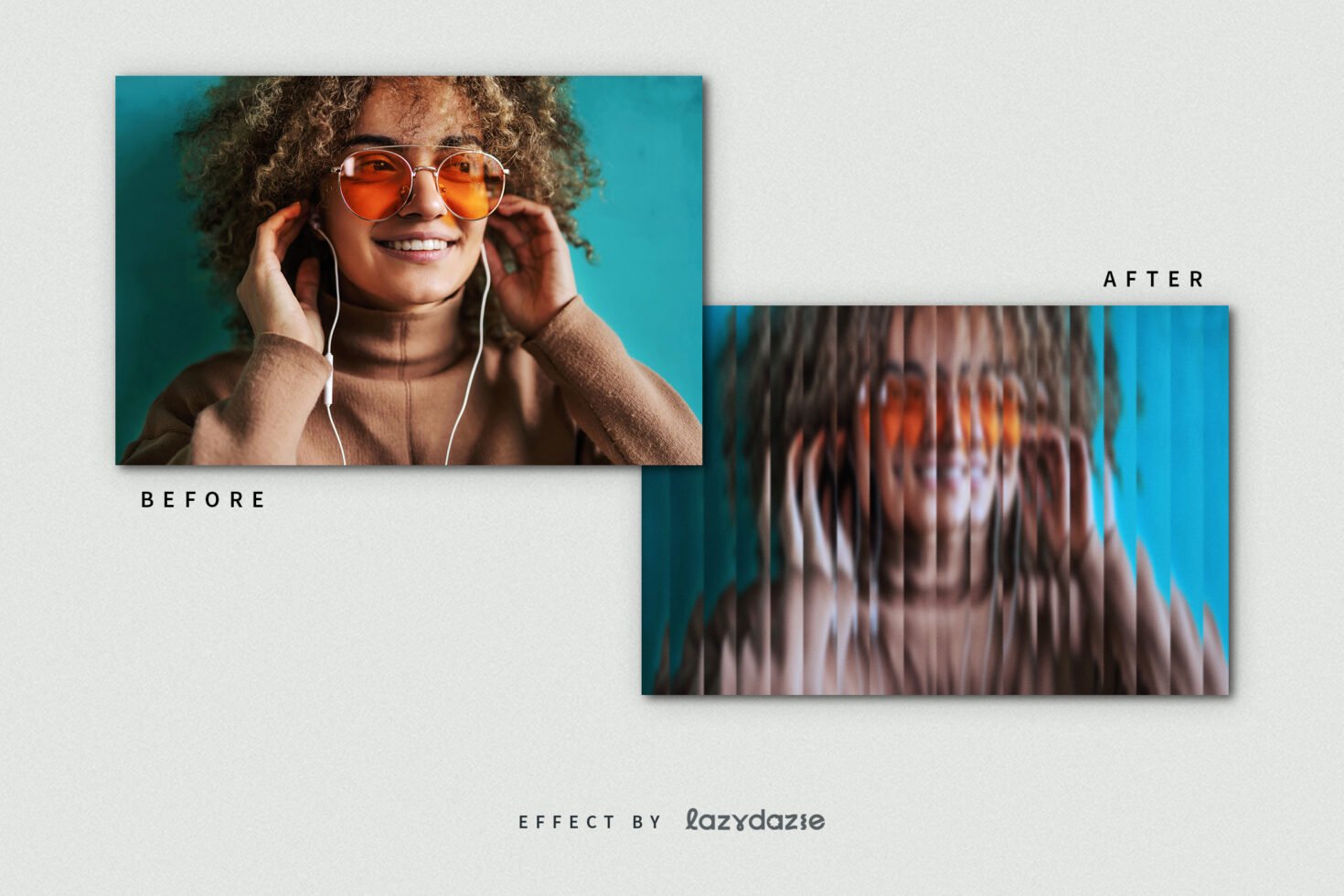 Photo effects mockup showing before and after of a creative digital distortion applied to a person with sunglasses, suitable for design projects and templates.