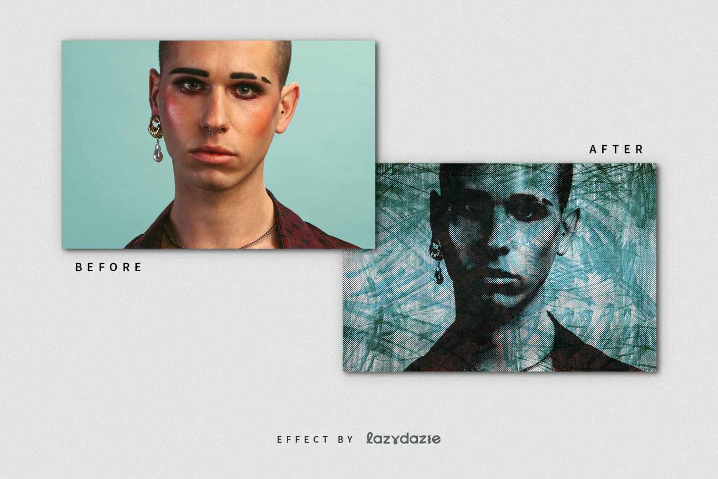 Digital art transformation template showing before and after effects on a portrait. Ideal for designers. Graphic style and texture enhancement.