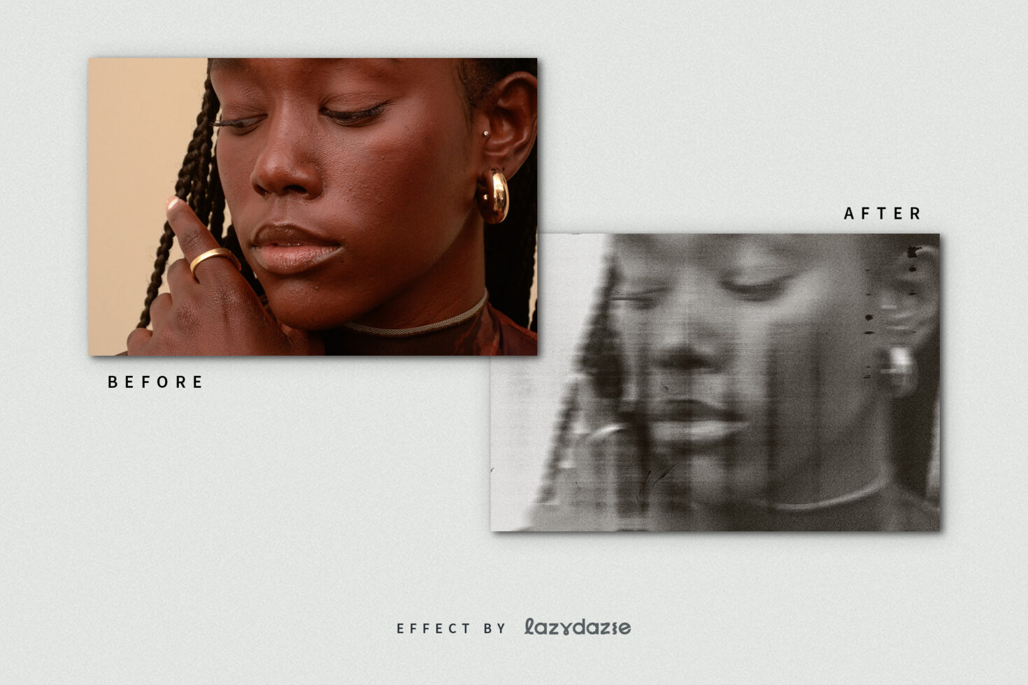 Before and after portrait showcasing a digital distortion effect tailored for creative designers emphasizing effects templates and graphic design resources.