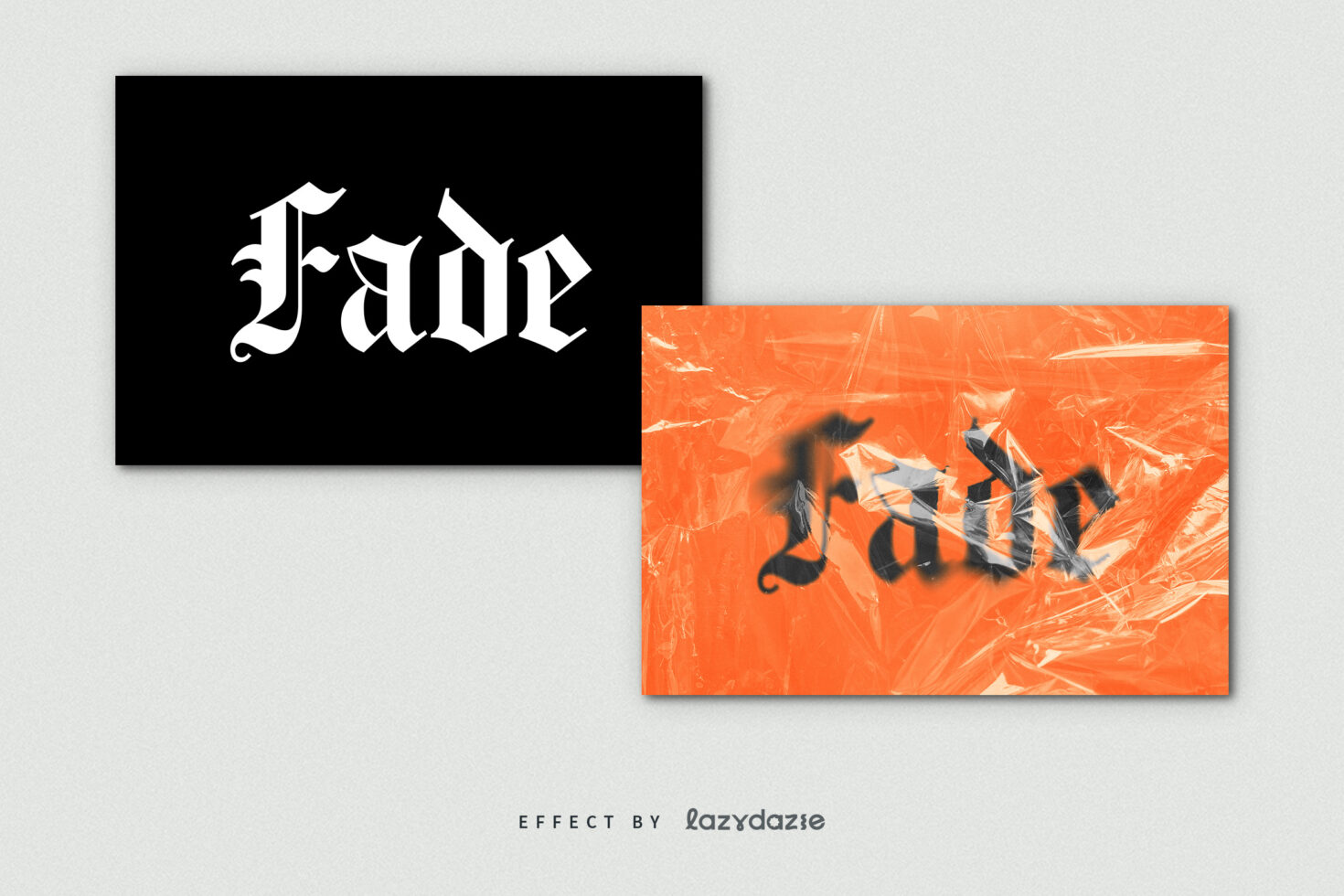 Gothic Fade font style with plastic effect on orange and black backgrounds, ideal for designers seeking unique typography graphics and vintage design assets.