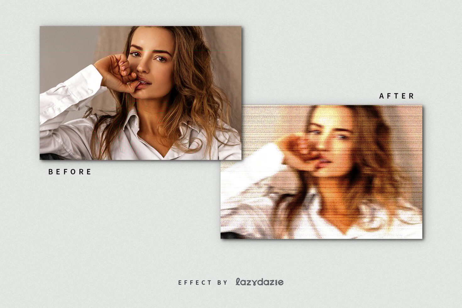 Before and after portrait effect mockup showing a woman in a white shirt. Use this Photoshop template to create digital assets for graphic designers.