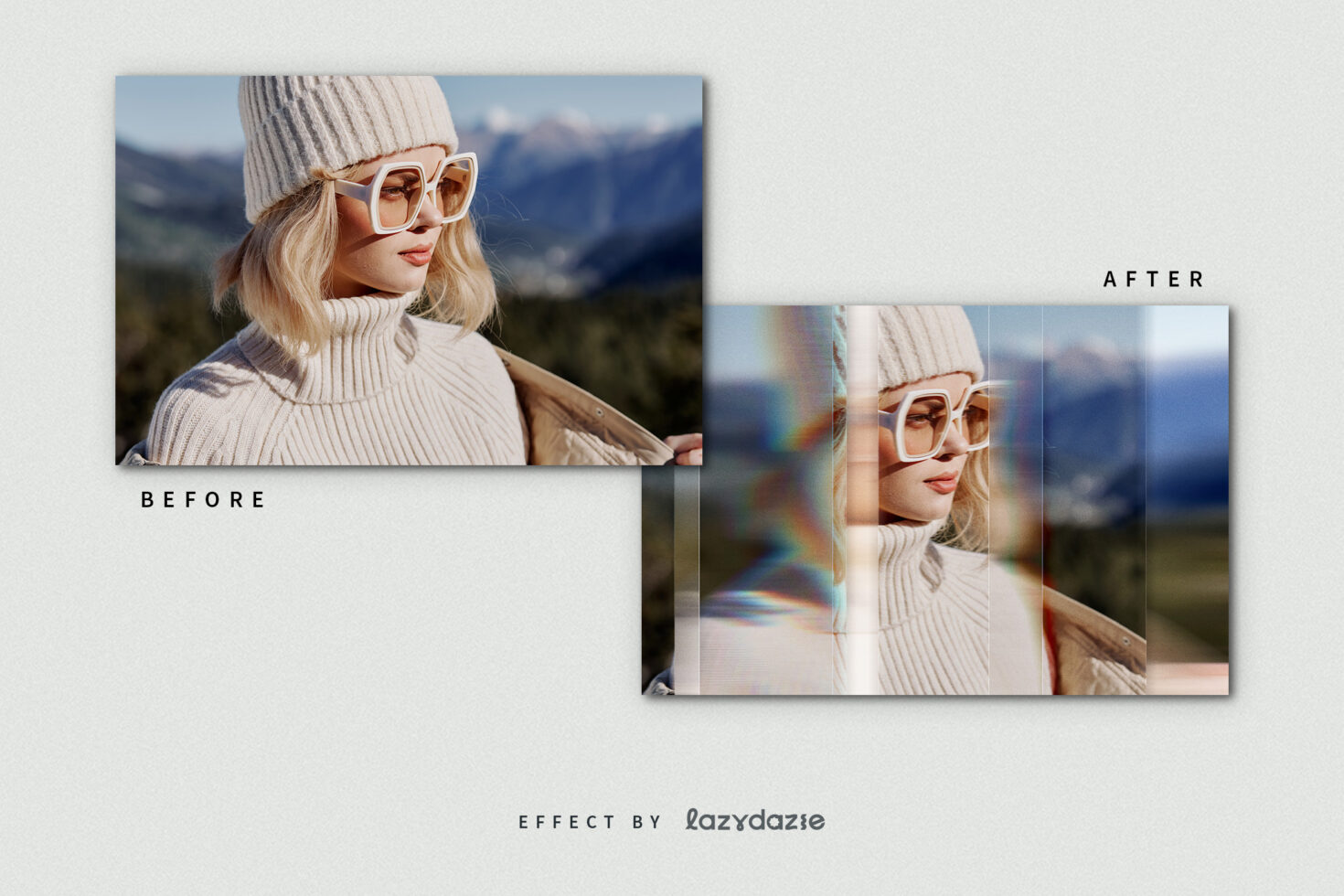 Rainbow light leak effect overlaid on outdoor portrait with sunglasses