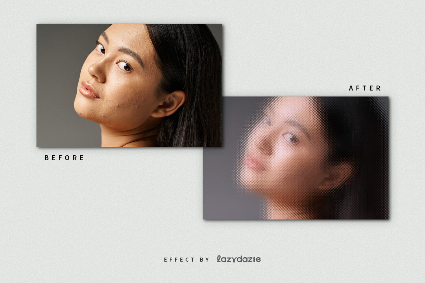 Before and after skin retouching mockup featuring a portrait of a woman showcasing digital retouch techniques perfect for designers enhancing photos.