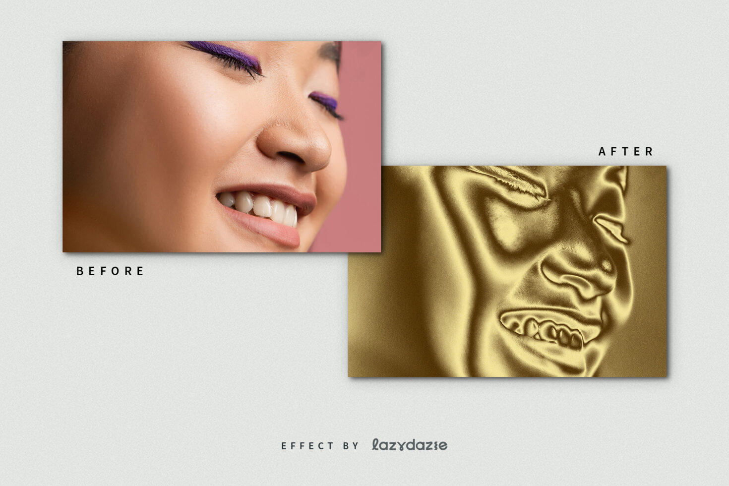 Before and after face transformation showing digital gold foil effect, perfect for graphic designers seeking high-quality templates and mockups.