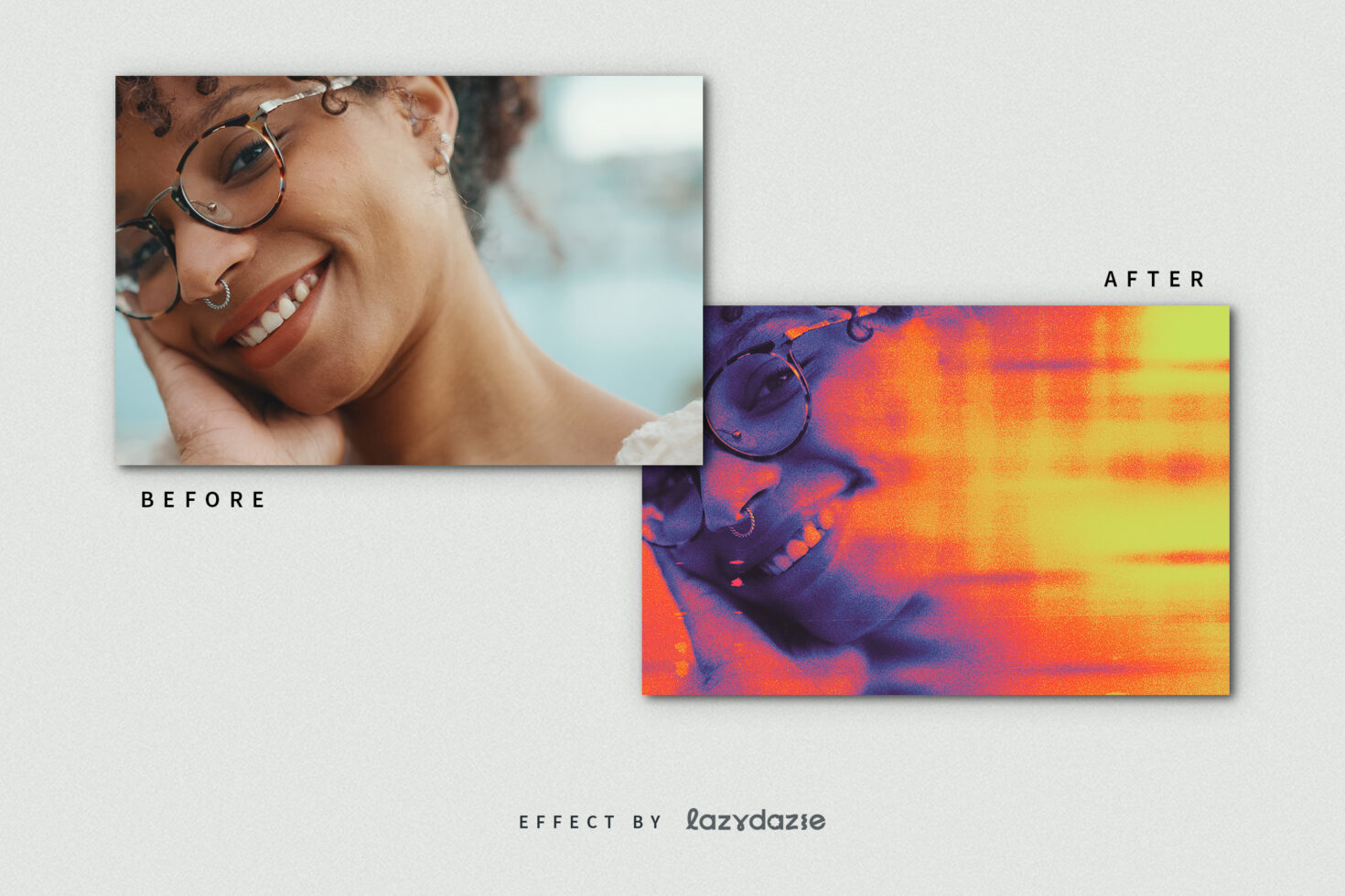 Photo filter mockup showcasing before and after effects on a portrait. Creative design asset for graphic designers and photographers. Vibrant color transformation.