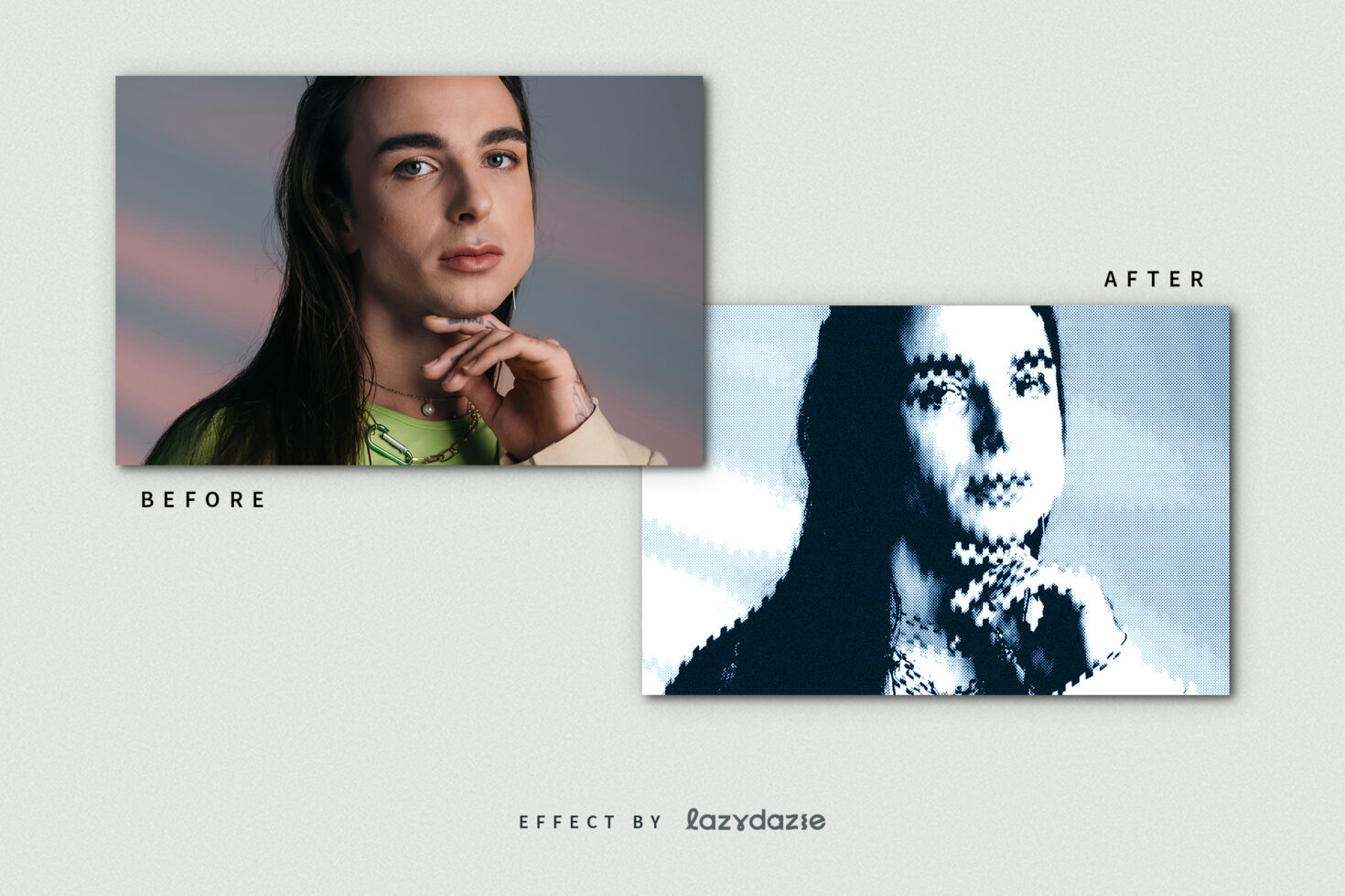 Before and after portrait transform effect for designers, featuring halftone style, ideal for mockups and photo editing projects in digital graphics.