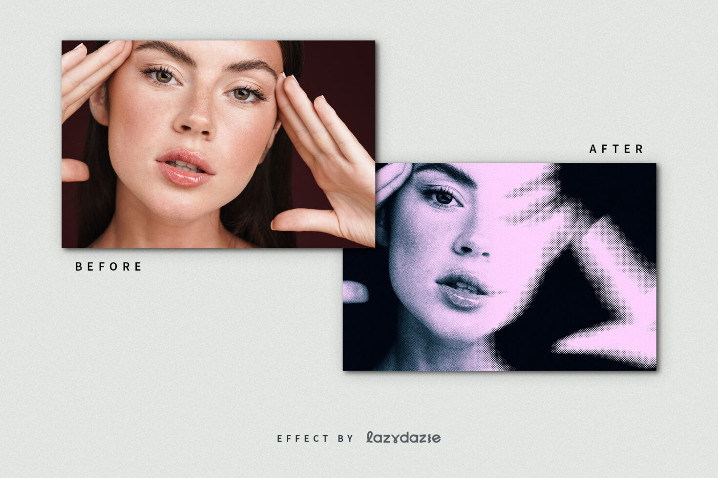 Side by side before and after portrait showcasing digital halftone effect. Ideal for graphic designers. Keywords: Mockup, Photoshop, Effect, Template.