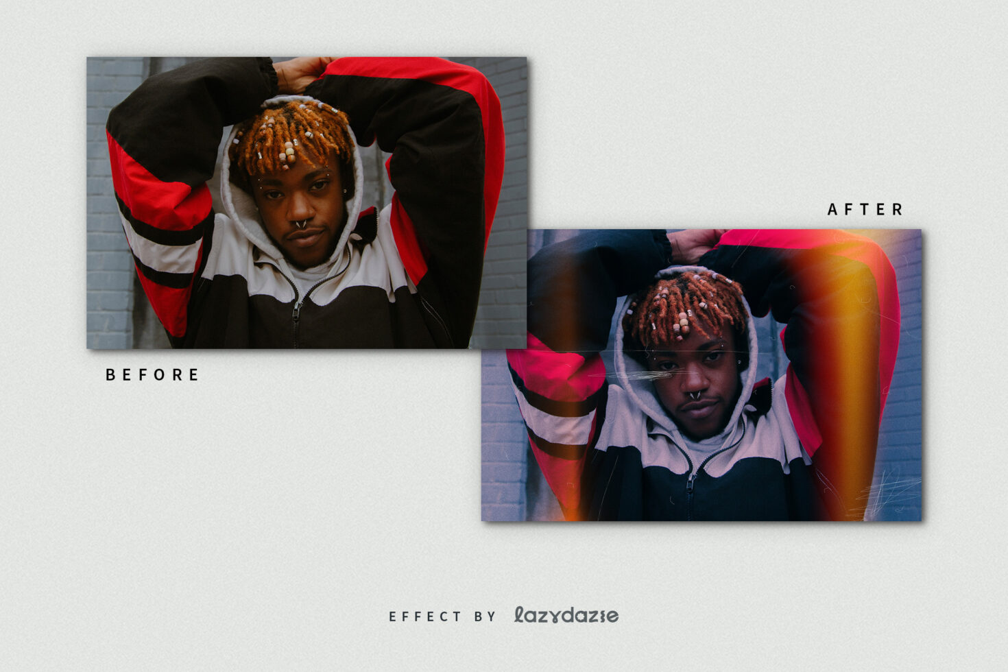 Before and after effect showcasing a photo editing filter. Vibrant colors and lighting adjustments. Ideal for designers seeking creative inspiration.