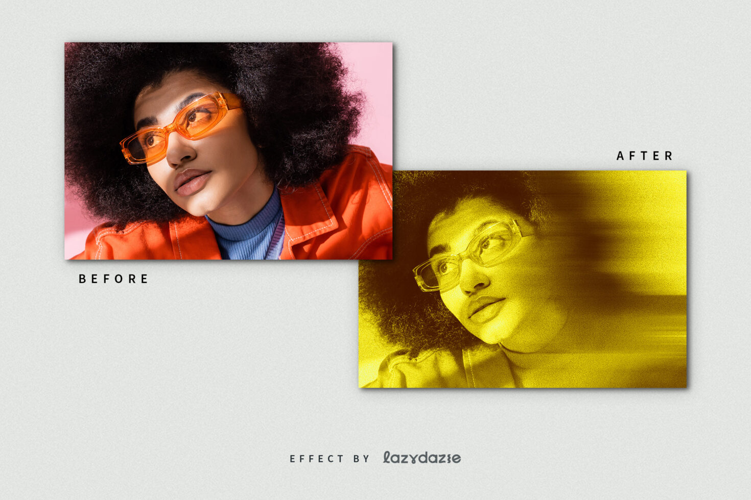 Before and after photo effect template showcasing a vibrant transformation from colorful to yellow-toned, ideal for designers looking for creative graphic assets.