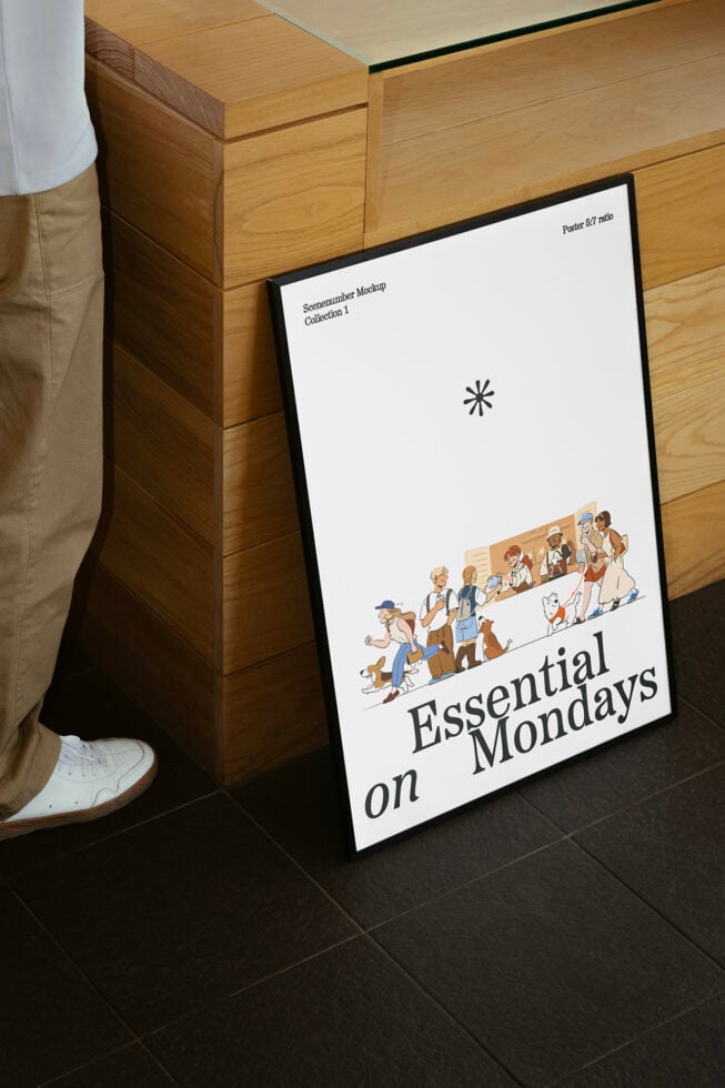 Mockup of a framed poster leaning against a wooden counter featuring illustrated characters and text Essential on Mondays ideal for graphic design projects.