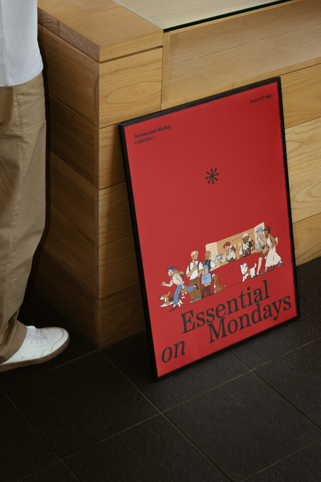 Poster mockup featuring a framed artwork leaning against a wooden counter with a red background ideal for graphic designers seeking creative templates.