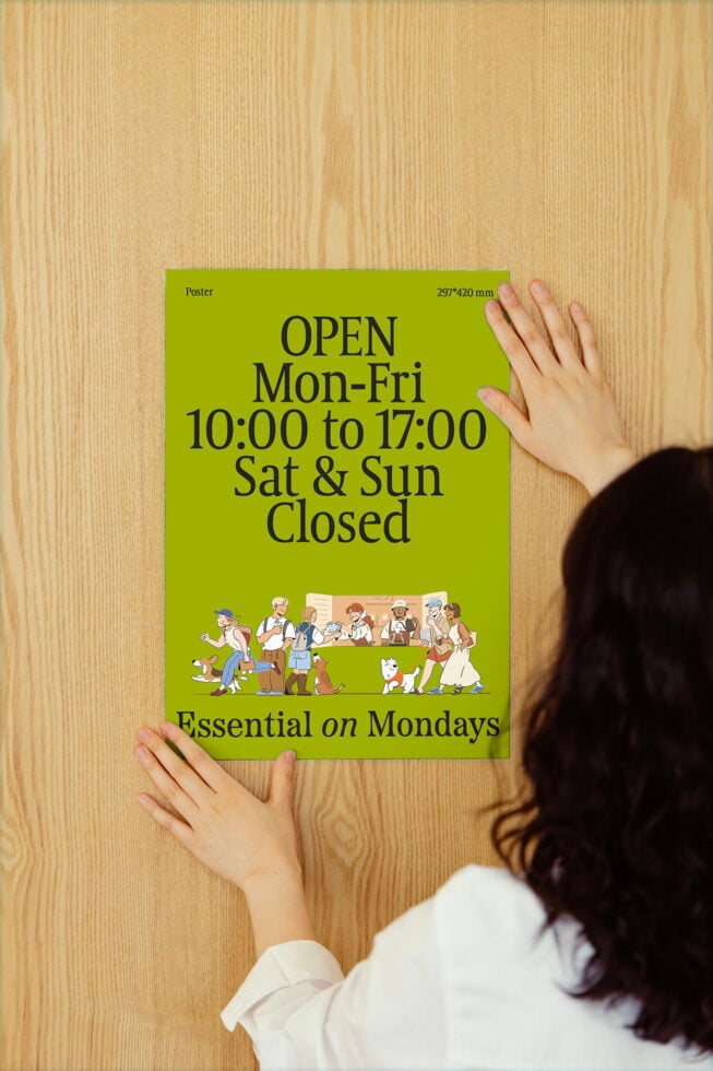 Bright green poster with business hours details Mon-Fri 10:00-17:00 on wooden background. Includes illustrated characters. Mockup for designers.