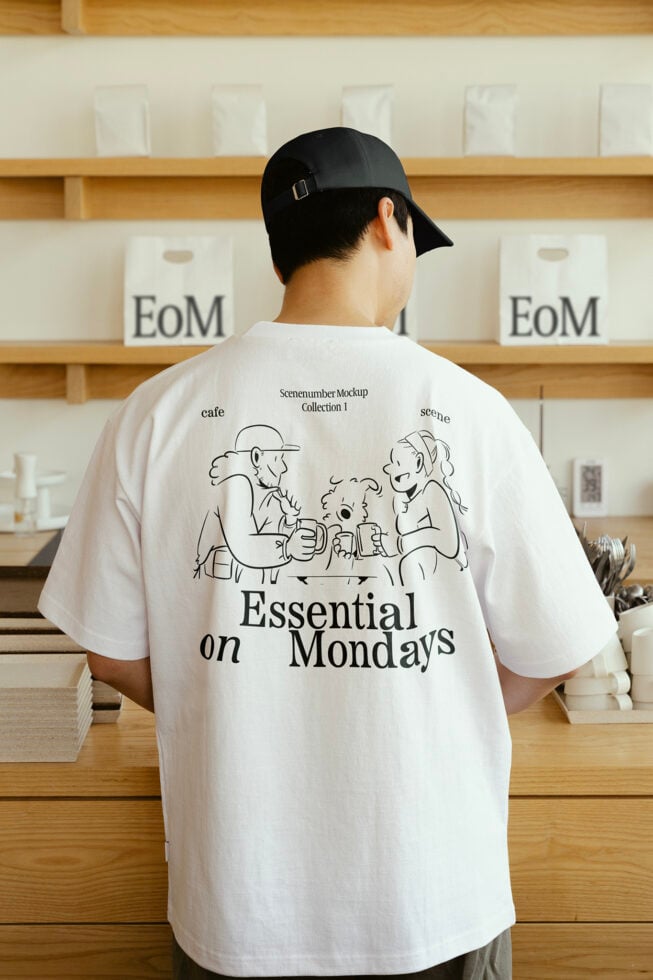 A man in a black cap wears a graphic tee with a cafe scene and text Essential on Mondays; shelves with bags labeled EoM are in the background. Mockup asset.