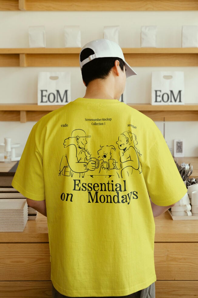 Yellow t-shirt mockup featuring cartoon art and Essential on Mondays text. Graphic design asset for designers seeking trendy and creative templates.