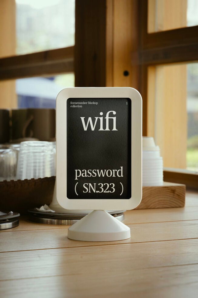 WiFi password display mockup on wooden table in cozy cafe setting. Ideal for showcasing signage and branding design. Perfect for designers seeking mockups.