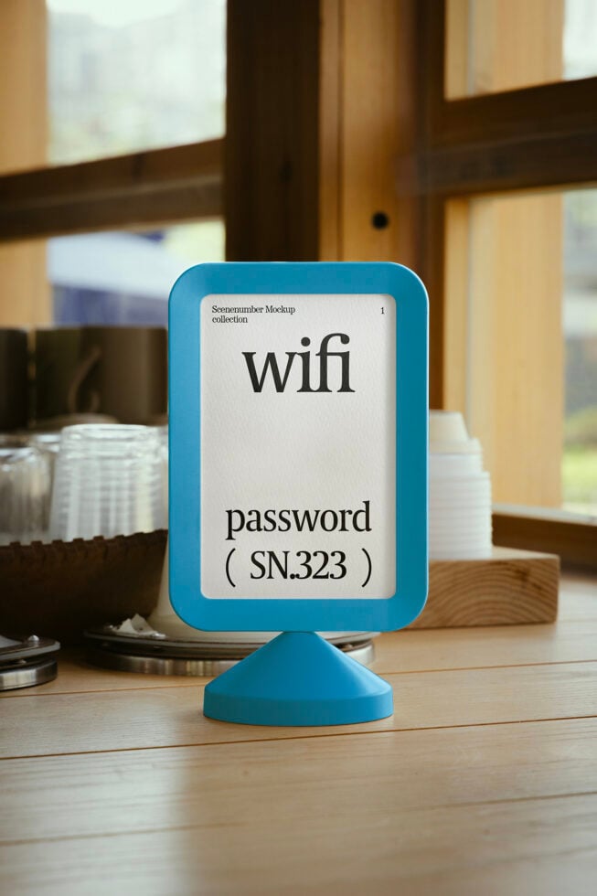 Tabletop sign with wifi password in a cafe setting featuring mockup design for digital assets and templates ideal for designers seeking graphics.