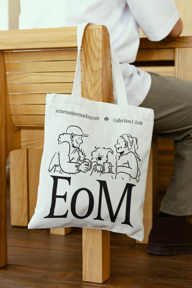 Tote bag mockup featuring a minimalist drawing of people with coffee, ideal for showcasing designs. Perfect for graphic designers and branding projects.