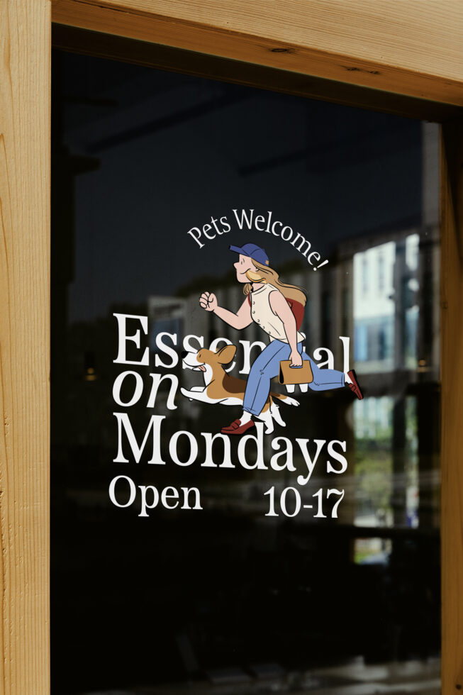 Shop window graphic with text Essential on Mondays Open 10-17 Pets Welcome cartoon woman with dog digital asset for storefront mockups and signage