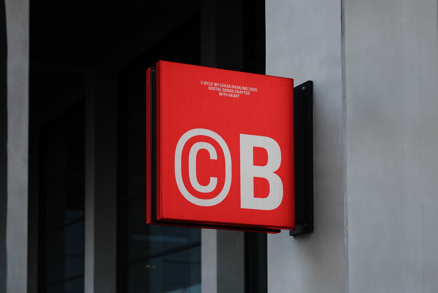 Red outdoor signage mockup on building wall, showcasing bold modern typography. Ideal for designers creating realistic branding and advertising presentations.