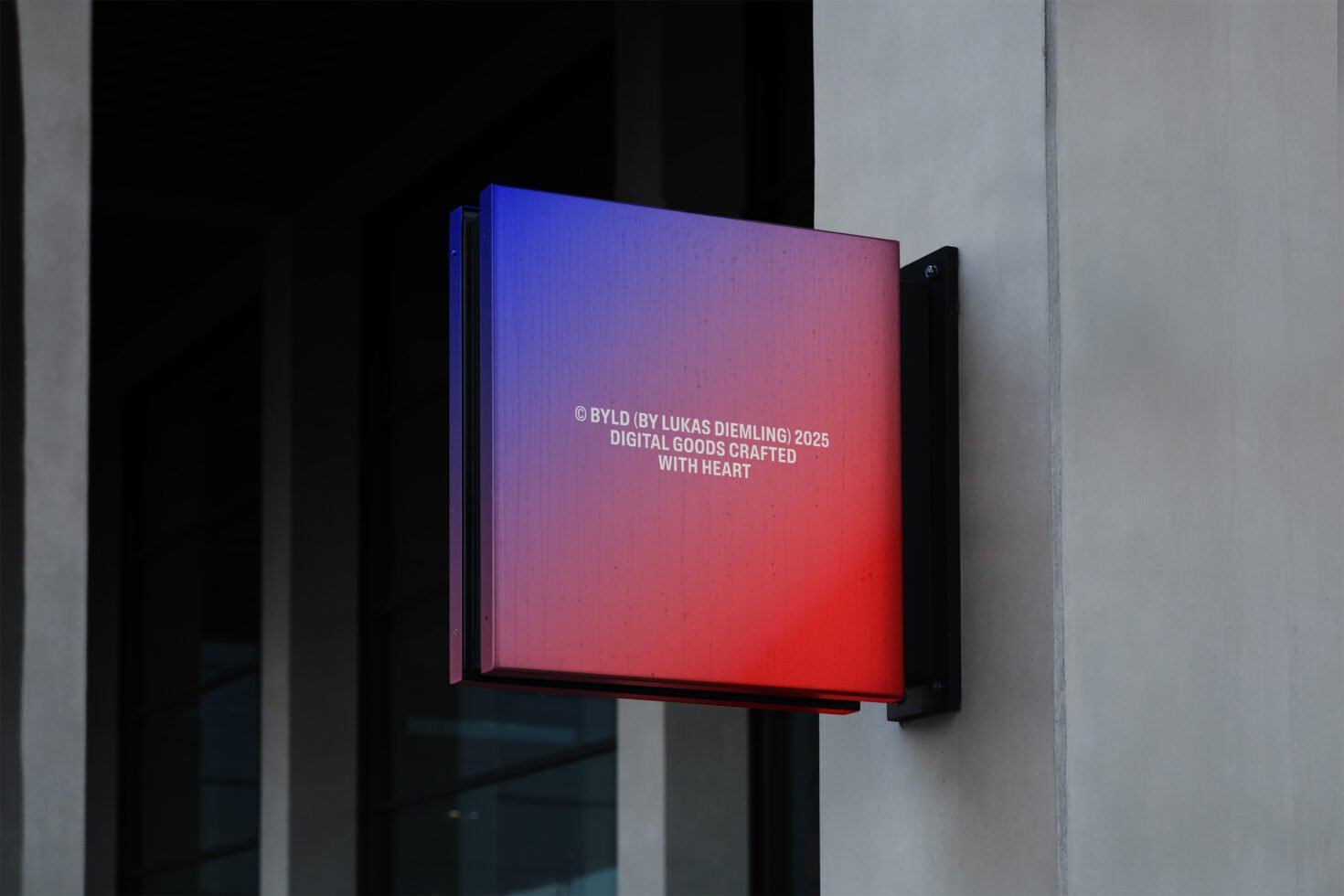 Square signage mockup on modern building wall with gradient red to blue design. Perfect for graphic designers digital assets signage presentation.