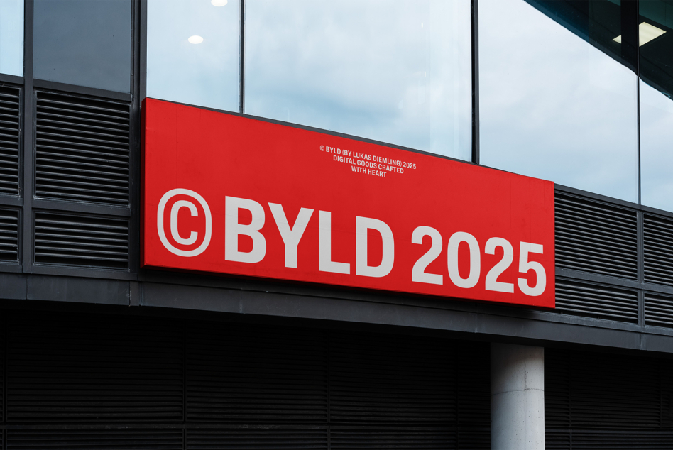 Wide red storefront sign with BYLD 2025 in large white letters displayed at angle