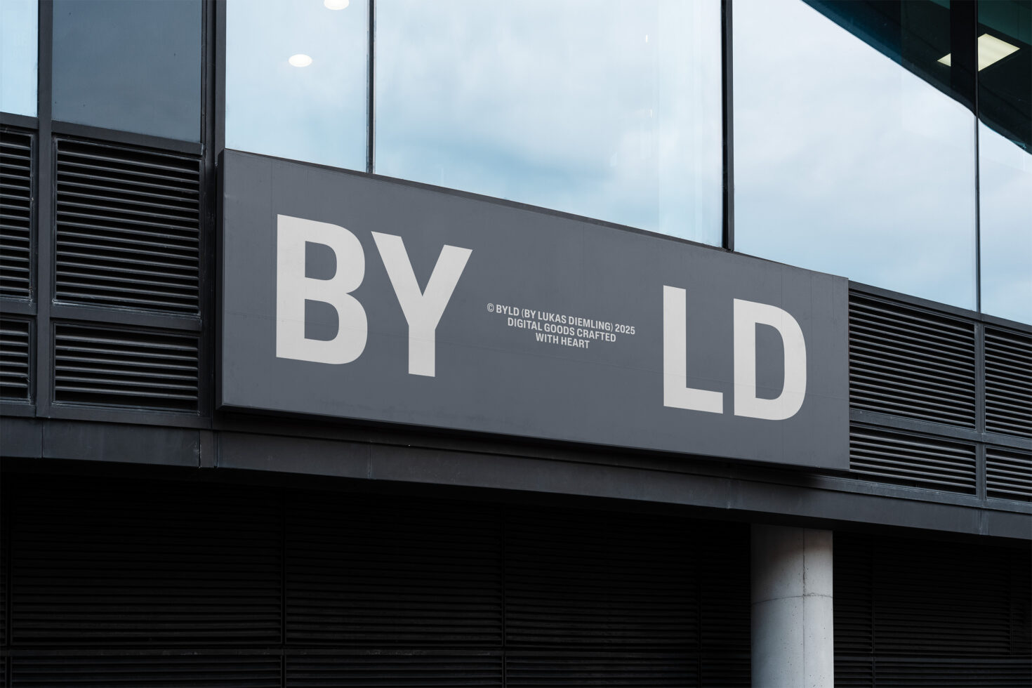 Modern building facade showcasing large typography layout. Perfect for design mockups, urban branding projects, signage presentations, graphic design.