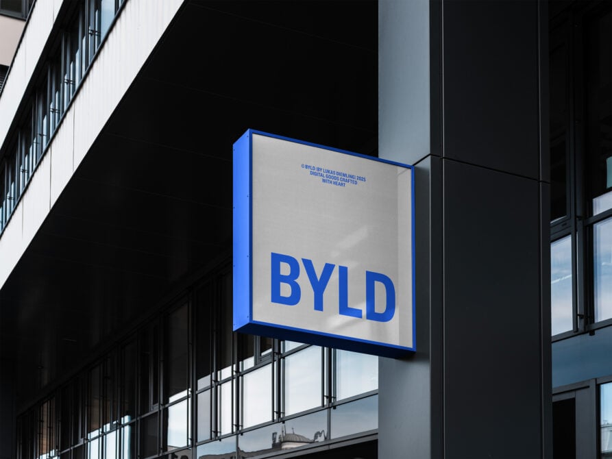 Urban building facade with a modern square sign displaying large blue text BYLD ideal for creating architectural mockups or graphic design visuals.