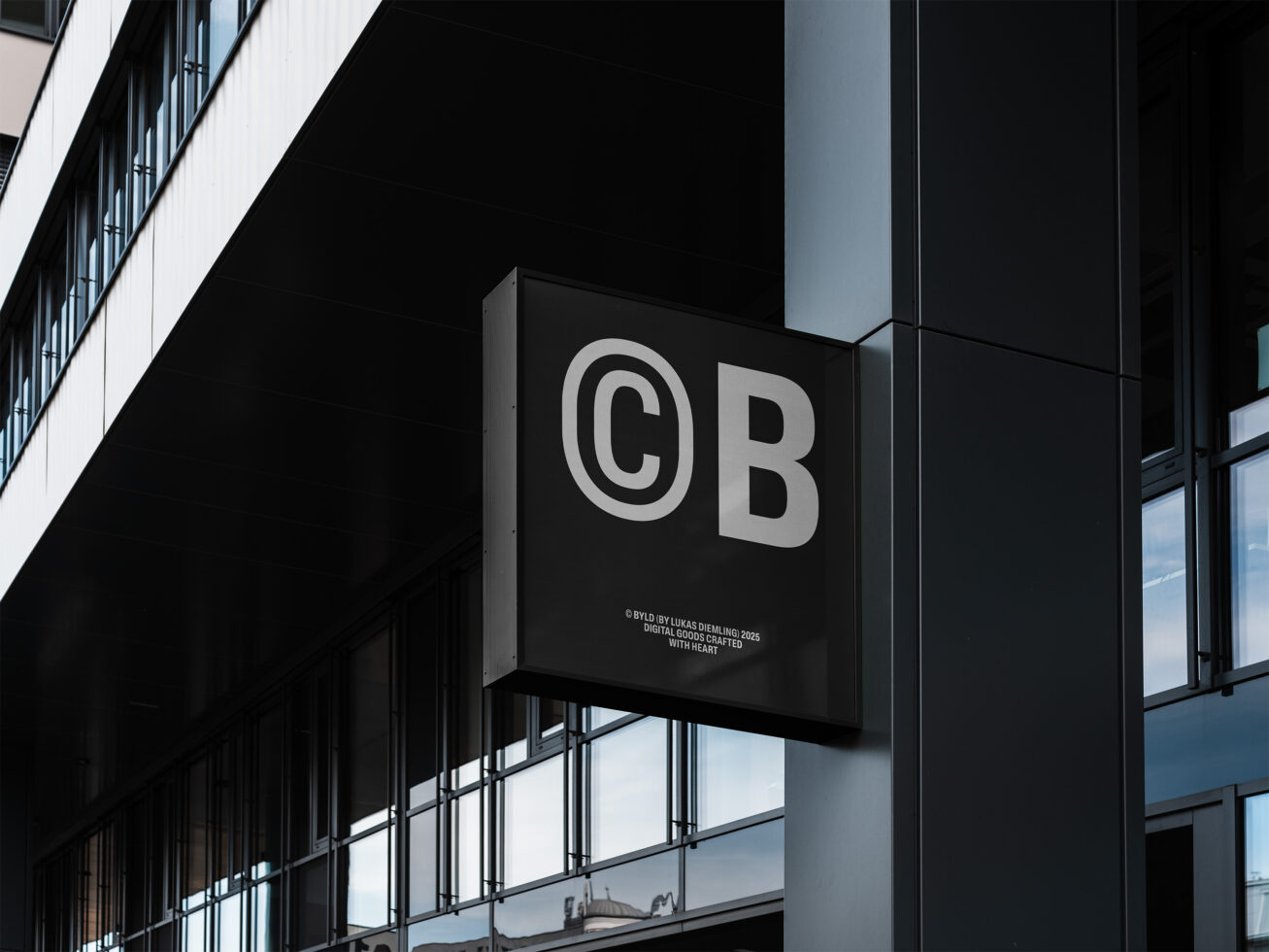 Modern building exterior with logo mockup signage. Sleek architectural design showcasing branding possibilities for designers. Urban environment graphics.