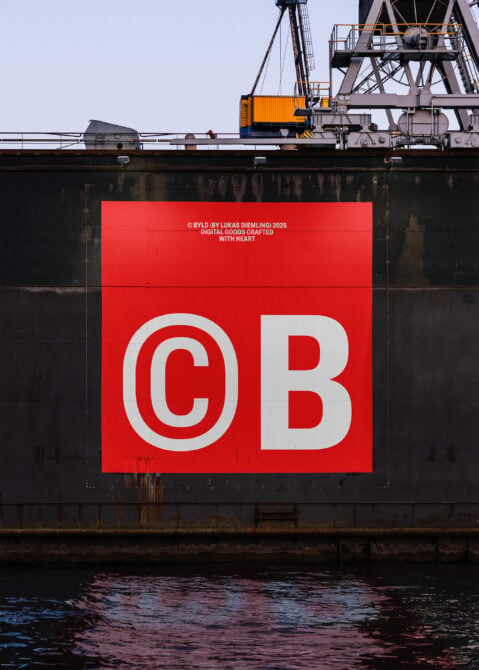 Harbor barge advertisement mockup featuring red background with white CB logo