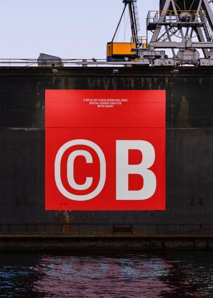Industrial crane and a red billboard with CB letters against a ship backdrop. Keywords: industrial mockup, design asset, red banner, commercial display.