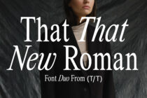 Model wearing black outfit with That That New Roman font duo display