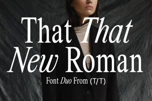 Modern serif font duo displayed over a fashion model in a sophisticated setting. Keywords: font, serif, typography, design, modern, stylish, elegant, duo.