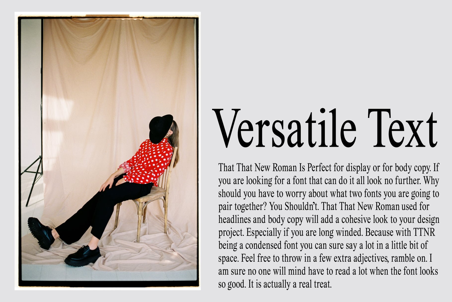 Studio setup showing person on chair with Versatile Text font sample layout