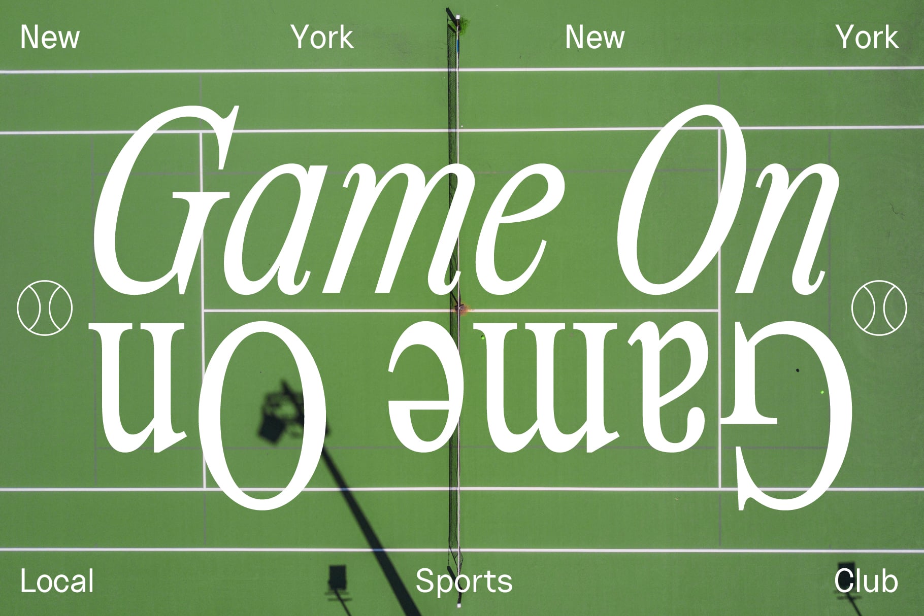 Tennis court mockup with Game On typeface overlaid on grass field background