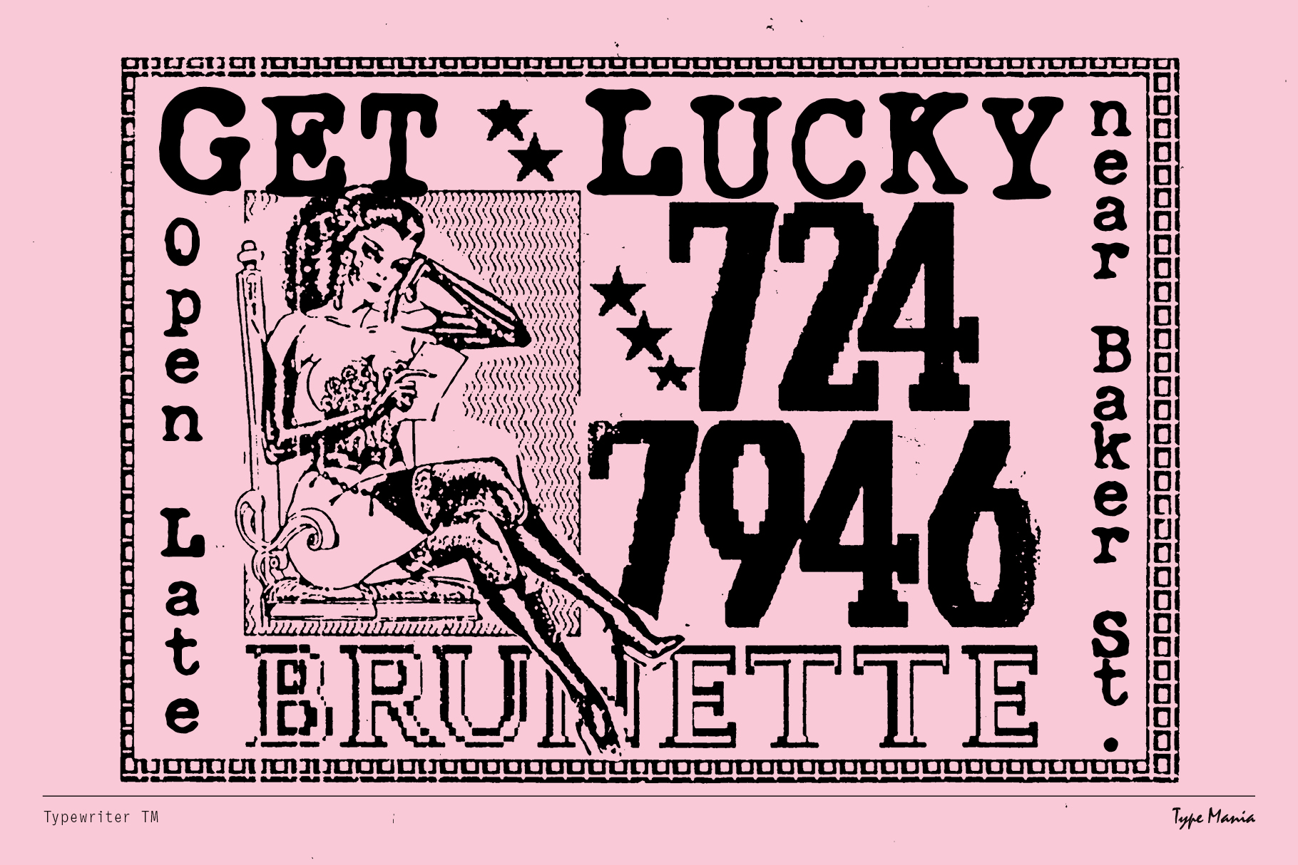 Get Lucky 1974 1946 vintage poster with retro illustration on pink background