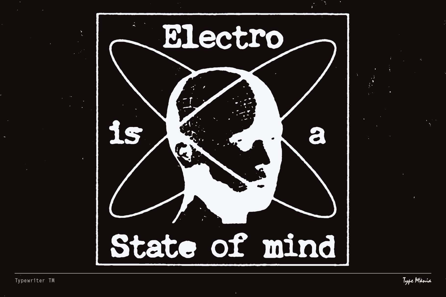 Electro is a state of mind poster with illustrated head silhouette inside atomic symbol