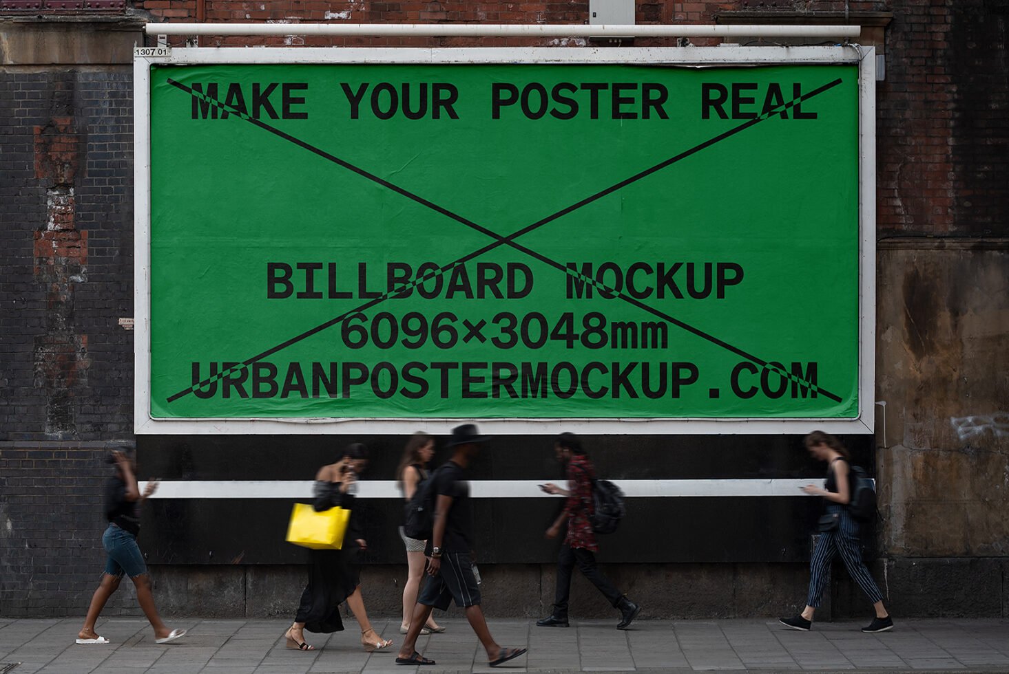 Urban billboard mockup with green background on brick wall featuring pedestrians. Perfect for designers seeking realistic street poster presentations.