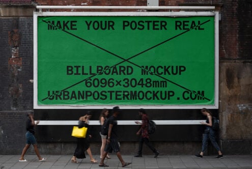 Urban billboard mockup with green background on brick wall featuring pedestrians. Perfect for designers seeking realistic street poster presentations.