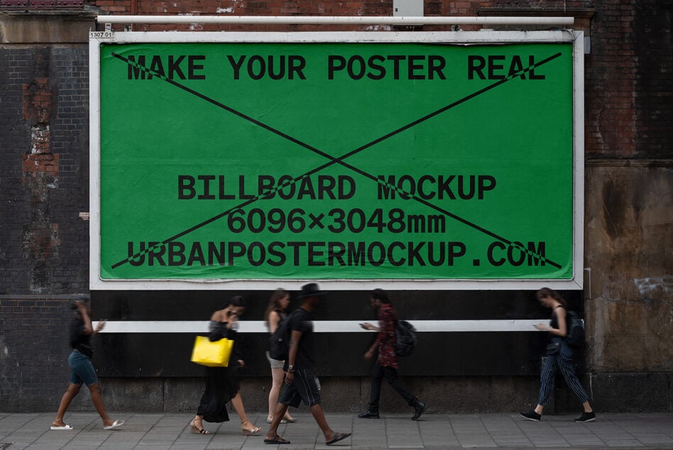 Urban billboard mockup showing bright green surface with diagonal tape marks