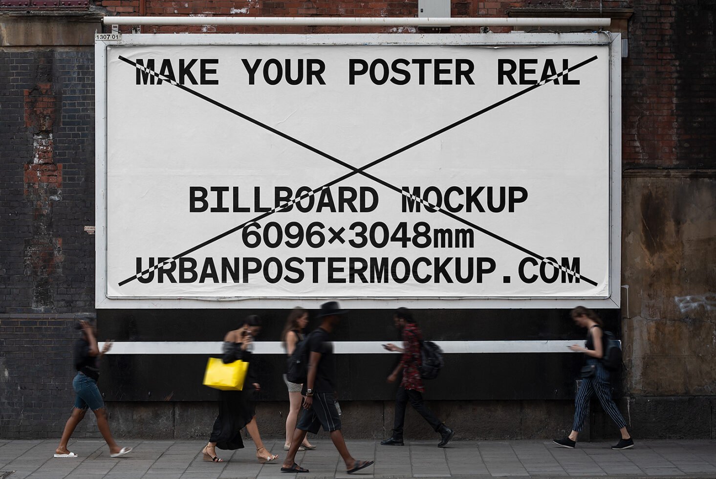 Urban billboard mockup template showing people walking. Perfect for designers. Keywords: billboard, mockup, urban, poster, template, design asset.