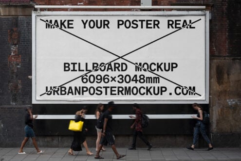 Urban billboard mockup template showing people walking. Perfect for designers. Keywords: billboard, mockup, urban, poster, template, design asset.