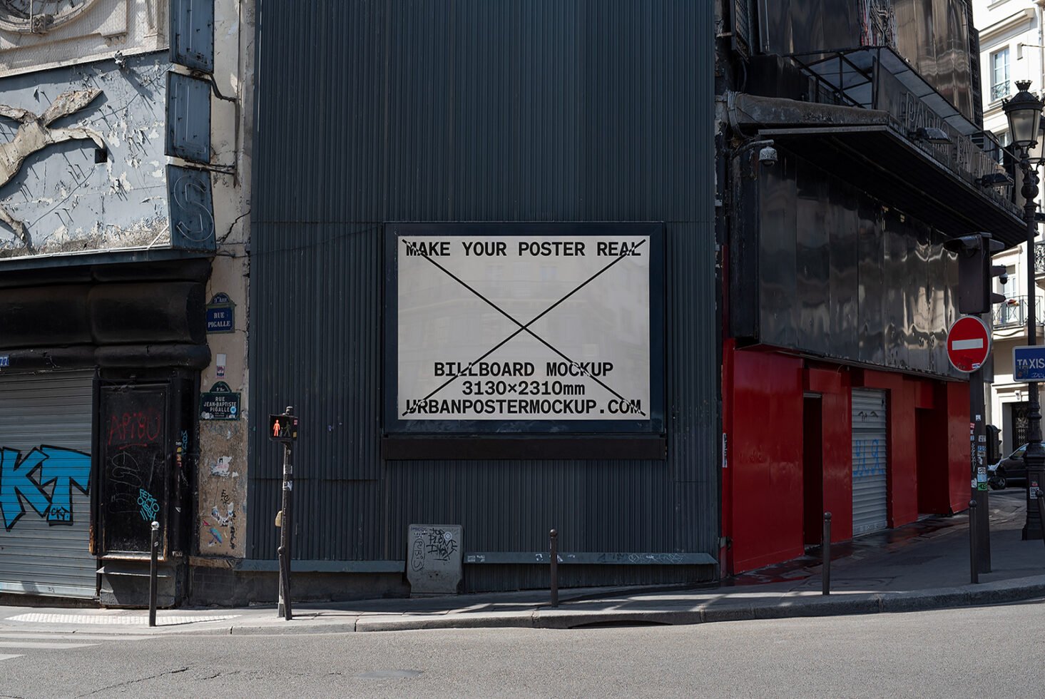 Urban billboard mockup in city street setting with weathered building facade. Ideal for designers seeking realistic poster presentation. SEO: Mockup, Urban, Billboard, Designers.