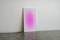 Pink gradient canvas with soft lines mounted on gallery wall space