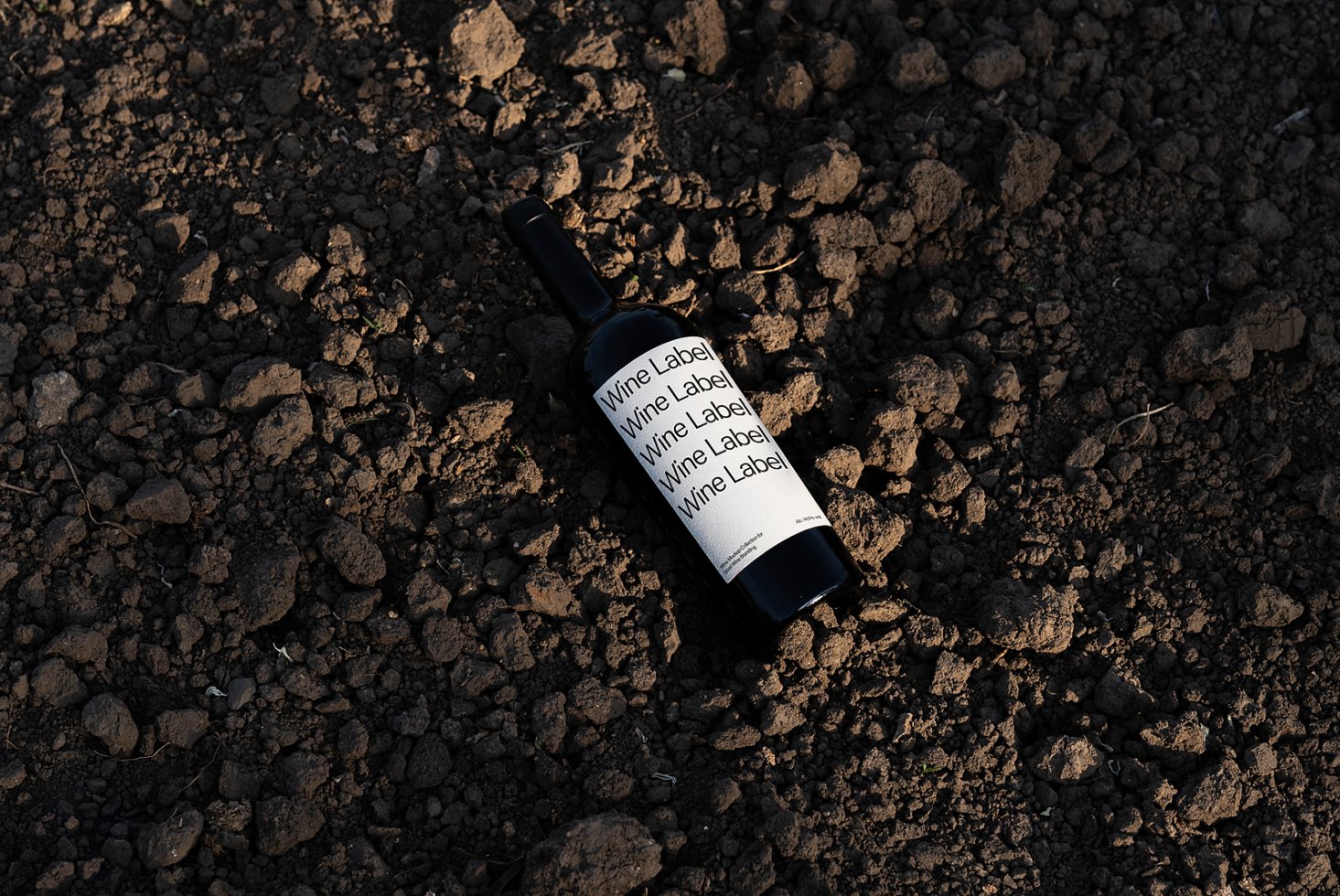 Wine bottle mockup on soil background for designers use. Showcase custom label designs. Perfect for branding projects. Graphic design asset.